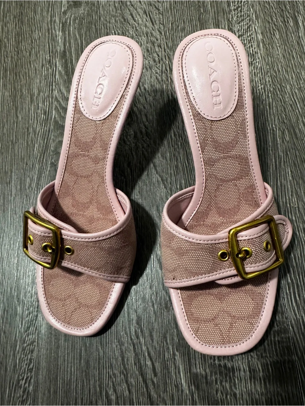 Coach Pink Monogram Buckle Mules with Gold-Tone Hardware